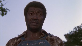 Movie still from “White Dog” (1982), directed by Samuel Fuller – A man with a beard and a plaid shirt is looking at the camera; Close Up shot, Low angle