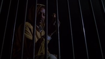 Movie still from “White Dog” (1982), directed by Samuel Fuller – A man in a yellow raincoat sitting behind bars; Medium shot, Low angle