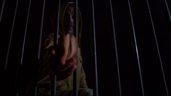 Movie still from “White Dog” (1982), directed by Samuel Fuller – A man is sitting behind bars in a dark room; Medium shot, Low angle