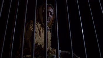 Movie still from “White Dog” (1982), directed by Samuel Fuller – A man sitting in front of a metal fence; Medium shot, Low angle