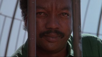 Movie still from “White Dog” (1982), directed by Samuel Fuller – A person behind a metal fence; Close Up shot, Low angle