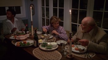 Movie still from “White Dog” (1982), directed by Samuel Fuller – A family sitting at a dinner table eating dinner; Medium shot, High angle
