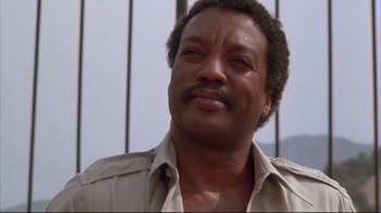 Movie still from “White Dog” (1982), directed by Samuel Fuller – A person wearing a shirt; Close Up shot, Low angle