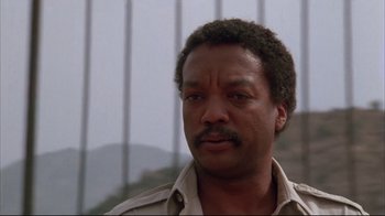 Movie still from “White Dog” (1982), directed by Samuel Fuller – A person wearing a shirt and tie; Close Up shot, Low angle