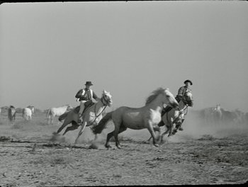 Movie still from “White Mane” (1953), directed by Albert Lamorisse – Two men on horses are running through the dirt; Wide shot, Low angle