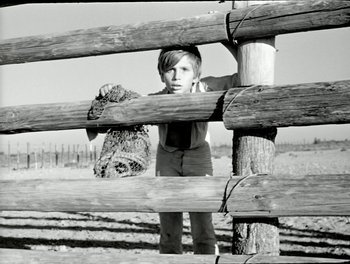 Movie still from “White Mane” (1953), directed by Albert Lamorisse – A young boy leaning on a wooden fence with an animal; Medium shot, Low angle