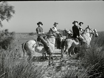 Movie still from “White Mane” (1953), directed by Albert Lamorisse – A black and white photo of men on horses; Wide shot, Low angle