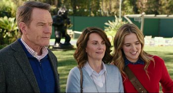 Movie still from “Why Him?” (2016), directed by John Hamburg – Two women and a man standing next to each other in a park; Medium shot, Over the shoulder angle
