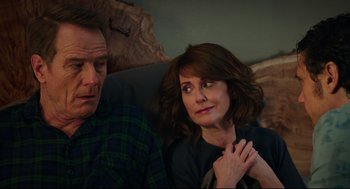 Movie still from “Why Him?” (2016), directed by John Hamburg – A man and a woman sitting next to each other; Close Up shot, Over the shoulder angle