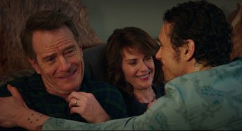 Movie still from “Why Him?” (2016), directed by John Hamburg – A man and a woman talking to an older man; Close Up shot, Over the shoulder angle