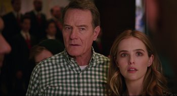 Movie still from “Why Him?” (2016), directed by John Hamburg – A man and a woman standing next to each other; Close Up shot, Over the shoulder angle
