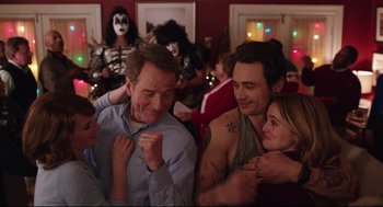 Movie still from “Why Him?” (2016), directed by John Hamburg – A group of people sitting around a room; Medium shot, Over the shoulder angle