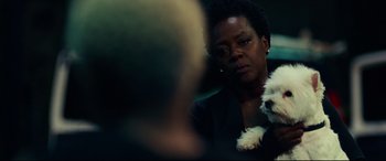 Movie still from “Widows” (2018), directed by Steve McQueen – A woman holding a small white dog in her arms; Close Up shot, Over the shoulder angle
