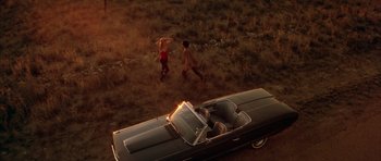 Movie still from “Wild at Heart” (1990), directed by David Lynch – Two men are walking in the grass behind a car; Extreme Wide shot, Overhead angle