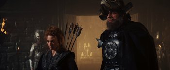 Movie still from “Willow” (1988), directed by Ron Howard – A man and a woman dressed in medieval costumes; Medium shot, Over the shoulder angle