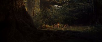 Movie still from “Willow” (1988), directed by Ron Howard – A group of people sitting under a tree in the woods; Extreme Wide shot, Low angle