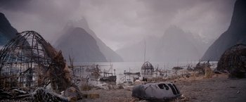 Movie still from “Willow” (1988), directed by Ron Howard – An image of an abandoned boat in the water; Extreme Wide shot, High angle