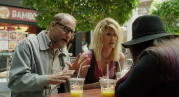 Movie still from “Wilson” (2017), directed by Craig Johnson – A man and a woman sitting at an outdoor table talking; Medium shot, Over the shoulder angle