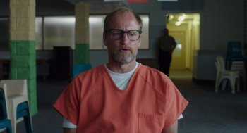 Movie still from “Wilson” (2017), directed by Craig Johnson – A man in an orange shirt and white shirt; Close Up shot, Over the shoulder angle