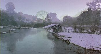Movie still from “Winged Migration” (2001), directed by Jacques Cluzaud – A snowy scene of a lake with a bridge; Extreme Wide shot, Low angle