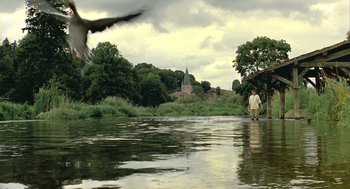 Movie still from “Winged Migration” (2001), directed by Jacques Cluzaud – A man standing in a river with a bird flying above; Extreme Wide shot, Low angle