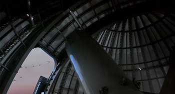 Movie still from “Winged Migration” (2001), directed by Jacques Cluzaud – A view of the inside of an airplane; Extreme Wide shot, Low angle