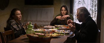 Movie still from “Winter Sleep” (2014), directed by Nuri Bilge Ceylan – A group of people sitting at a table with plates of food on it; Medium shot, Over the shoulder angle