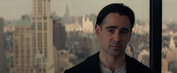 Movie still from “Winter's Tale” (2014), directed by Akiva Goldsman – A person wearing a suit and tie; Close Up shot, Over the shoulder angle
