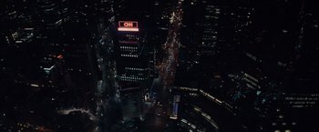 An aerial view of a busy city at night time