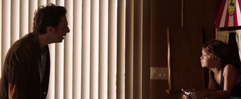 Movie still from “Wish I Was Here” (2014), directed by Zach Braff – A room with a brown wall and a window with blinds; Extreme Close Up shot, Low angle