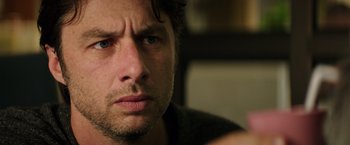 Movie still from “Wish I Was Here” (2014), directed by Zach Braff – A man's face as he stares into the distance; Close Up shot, Over the shoulder angle