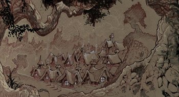 Movie still from “Wizards” (1977), directed by Ralph Bakshi – An artistic painting of a village with a tree in the background; Extreme Wide shot, High angle