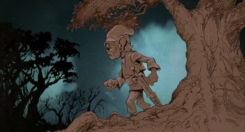 Movie still from “Wizards” (1977), directed by Ralph Bakshi – An illustration of an elf walking through the woods; Wide shot, Low angle