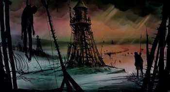 Movie still from “Wizards” (1977), directed by Ralph Bakshi – An oil painting of an old lighthouse in the middle of the ocean; Extreme Wide shot, Low angle
