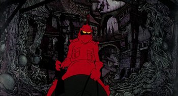 Movie still from “Wizards” (1977), directed by Ralph Bakshi – A cartoon of a person riding a horse in front of a castle; Wide shot, Low angle