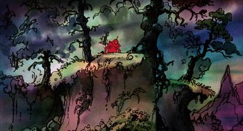Movie still from “Wizards” (1977), directed by Ralph Bakshi – A painting of an elephant sitting on top of a hill; Extreme Wide shot, High angle
