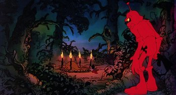 Movie still from “Wizards” (1977), directed by Ralph Bakshi – A cartoon scene with candles in the middle of the forest; Wide shot, High angle