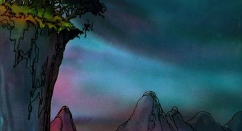 Movie still from “Wizards” (1977), directed by Ralph Bakshi – A painting of a tree and mountains in the background; Extreme Wide shot, Low angle