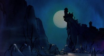 Movie still from “Wizards” (1977), directed by Ralph Bakshi – A painting of a castle on a hill at night with the moon in the background; Extreme Wide shot, Low angle