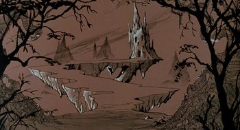 Movie still from “Wizards” (1977), directed by Ralph Bakshi – An artistic drawing of an island in the middle of a lake; Extreme Wide shot, High angle