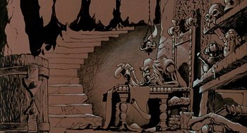 Movie still from “Wizards” (1977), directed by Ralph Bakshi – An artistic drawing of a man sitting at a table; Wide shot, High angle