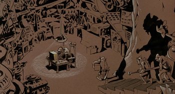 Movie still from “Wizards” (1977), directed by Ralph Bakshi – An artistic drawing of a man sitting in a chair; Extreme Wide shot, High angle