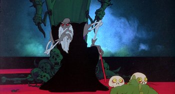 Movie still from “Wizards” (1977), directed by Ralph Bakshi – A cartoon of a wizard and a skull; Wide shot, Low angle