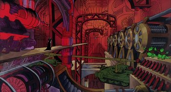 Movie still from “Wizards” (1977), directed by Ralph Bakshi – A painting of a red room with a roller coaster; Extreme Wide shot, Low angle