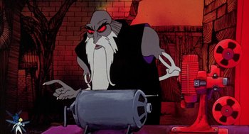 Movie still from “Wizards” (1977), directed by Ralph Bakshi – An old man with long hair and a beard is standing next to an object; Medium shot, Low angle