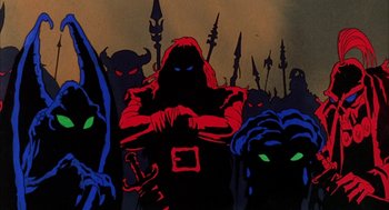 Movie still from “Wizards” (1977), directed by Ralph Bakshi – A group of people standing next to each other; Wide shot, Low angle