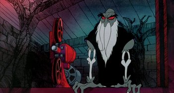 Movie still from “Wizards” (1977), directed by Ralph Bakshi – A black and white picture of an animated character; Wide shot, Low angle
