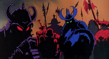 Movie still from “Wizards” (1977), directed by Ralph Bakshi – A group of people standing next to each other; Wide shot, Low angle