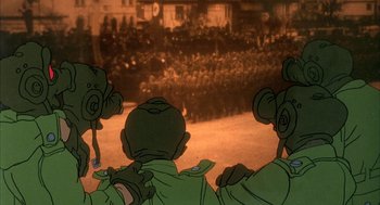 Movie still from “Wizards” (1977), directed by Ralph Bakshi – A group of people sitting in front of an audience; Extreme Close Up shot, Overhead angle