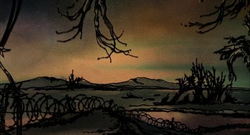 Movie still from “Wizards” (1977), directed by Ralph Bakshi – A painting of a tree branch in the middle of a field; Extreme Close Up shot, Low angle